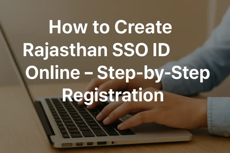Hands typing on a laptop with text overlay "How to Create Rajasthan SSO ID Online – Step-by-Step Registration"