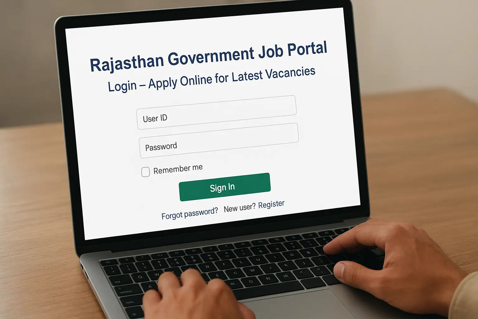 Rajasthan Government Job Portal Login 2025 page on laptop screen for applying online to latest vacancies.