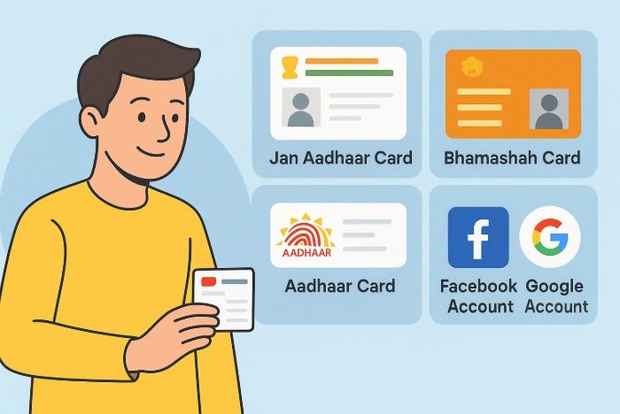 Flat-style digital illustration of a young professional sitting cross-legged with a laptop, surrounded by floating icons of cloud, email, settings, and security, symbolizing employee login and online portal access.